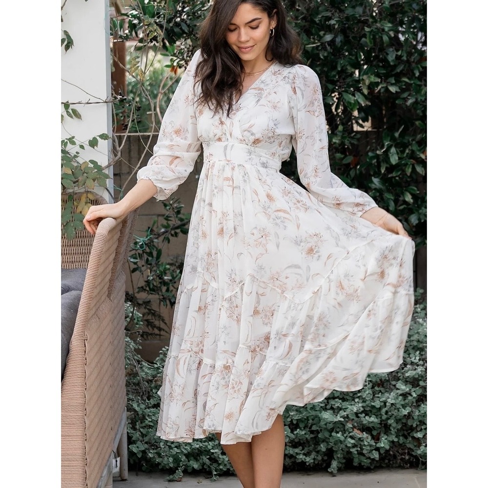Baltic Born Raven Midi Dress Floral Tiered XL Cream Long Sleeve Wedding Guest